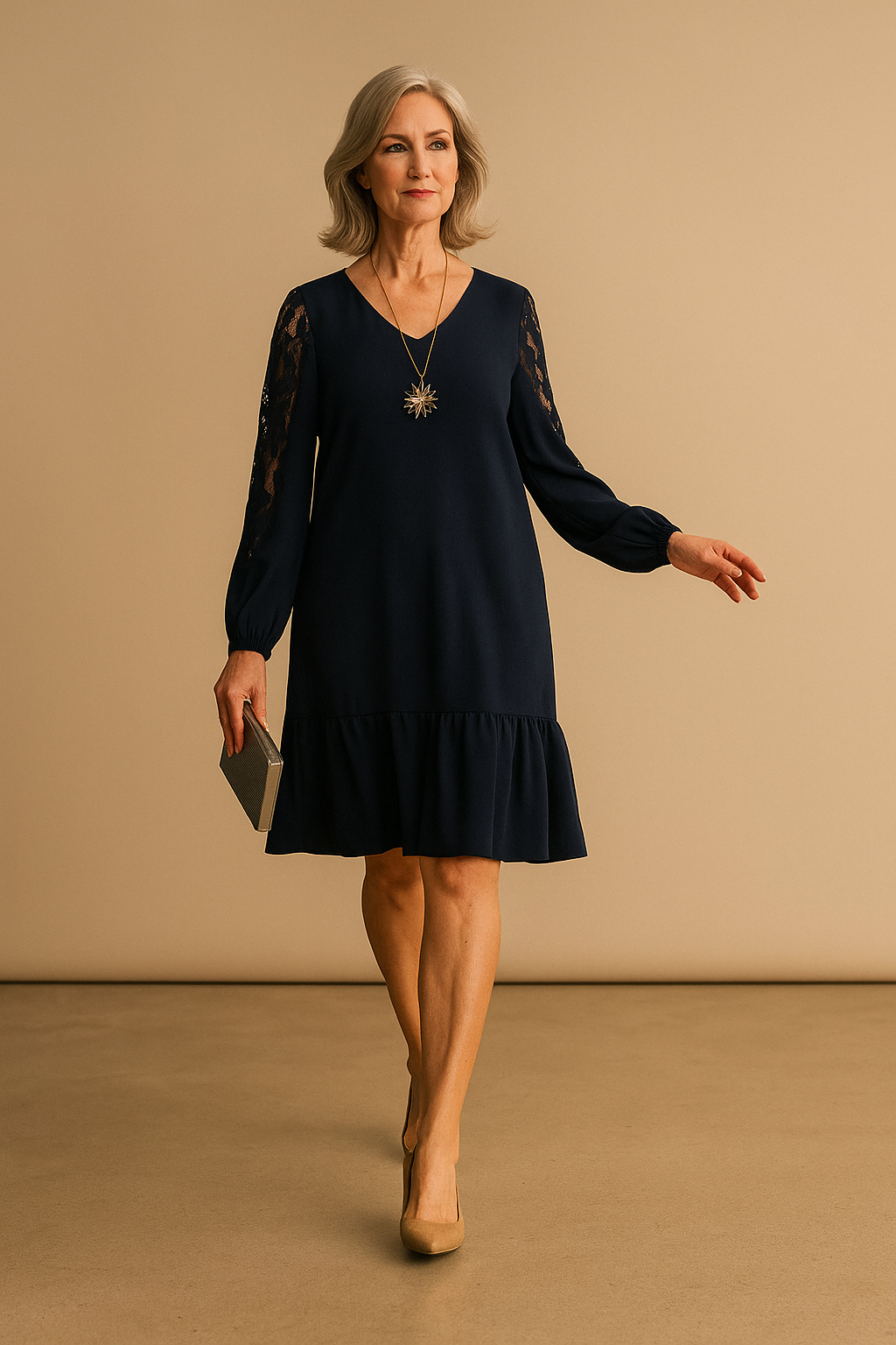 Lowri | Elegant Lace Sleeve Midi Dress